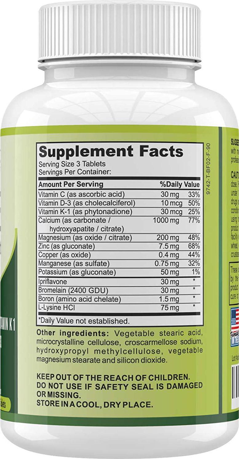 Bone Strength 1000mg Calcium Magnesium Zinc Potassium Supplement with Vitamins C, D3, K1 - Bone Vitamins for Men and Women - Best for Bone Support, Bone Growth and for Bone Health-90 Veg Tablets
