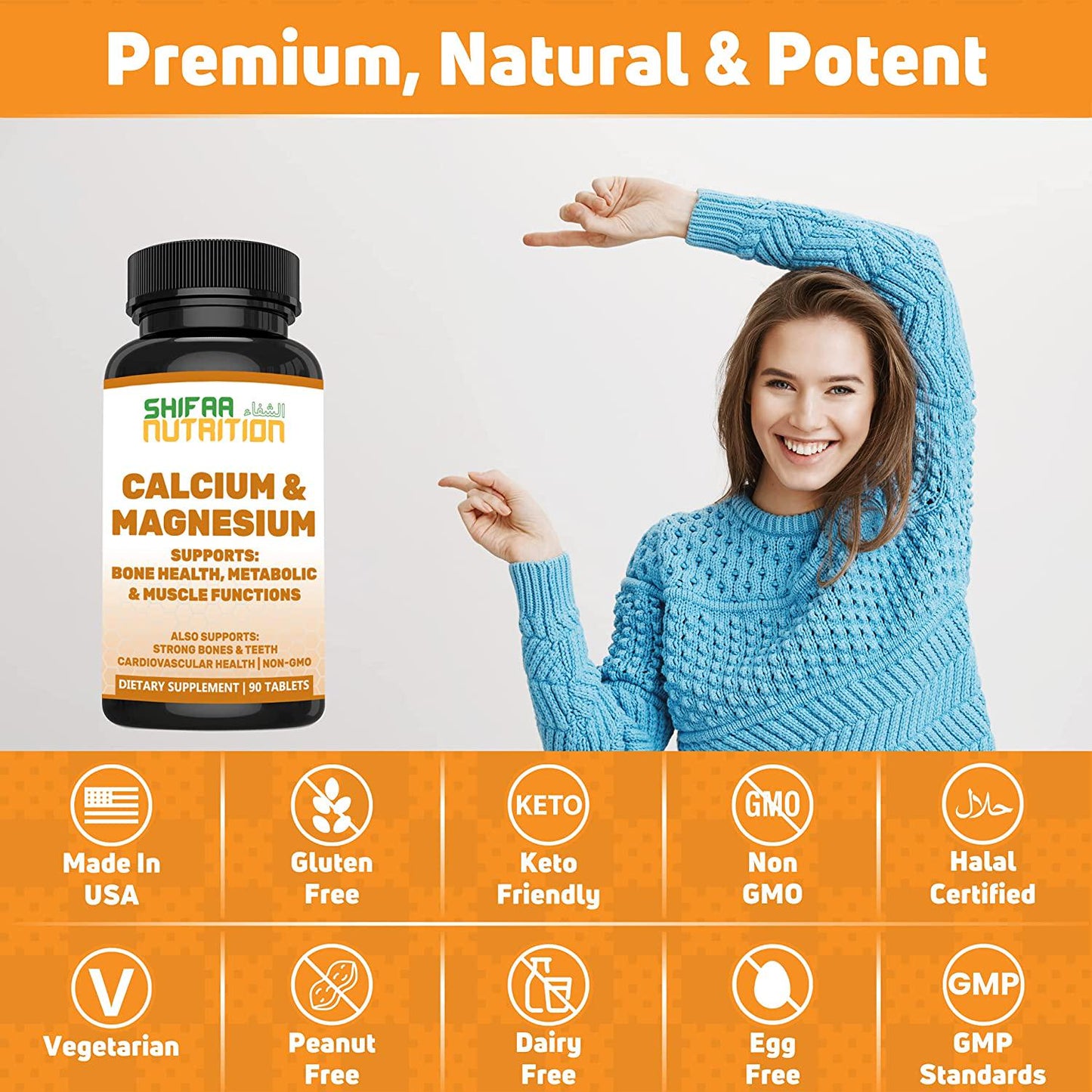 Bone Strength Calcium Magnesium Supplement by SHIFAA NUTRITION | With Vitamin D3, Trace Minerals | Supports Cardiovascular Health and Metabolic Functions | NON-GMO Cal Mag | Halal Vitamins | 30 servings