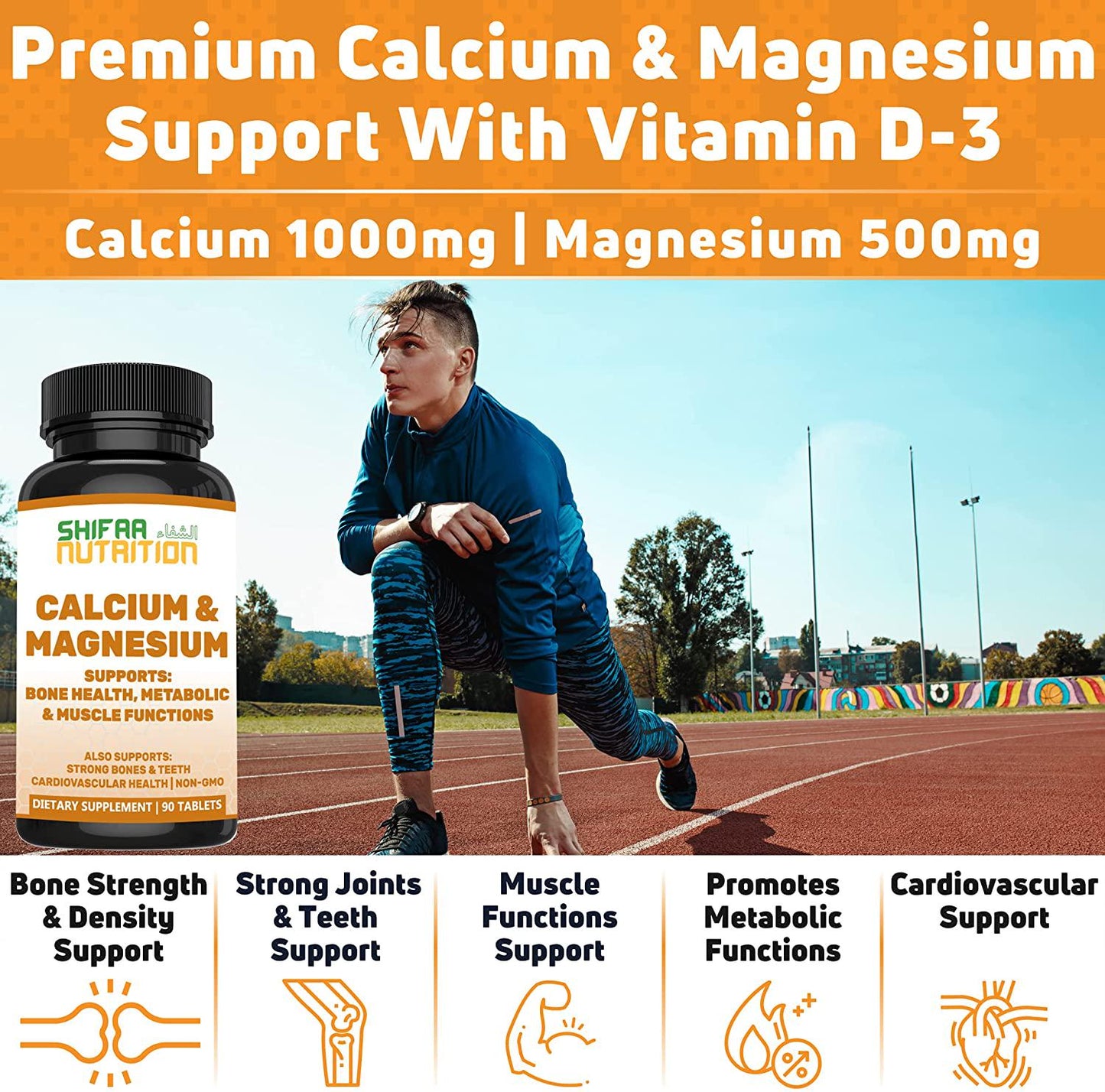 Bone Strength Calcium Magnesium Supplement by SHIFAA NUTRITION | With Vitamin D3, Trace Minerals | Supports Cardiovascular Health and Metabolic Functions | NON-GMO Cal Mag | Halal Vitamins | 30 servings