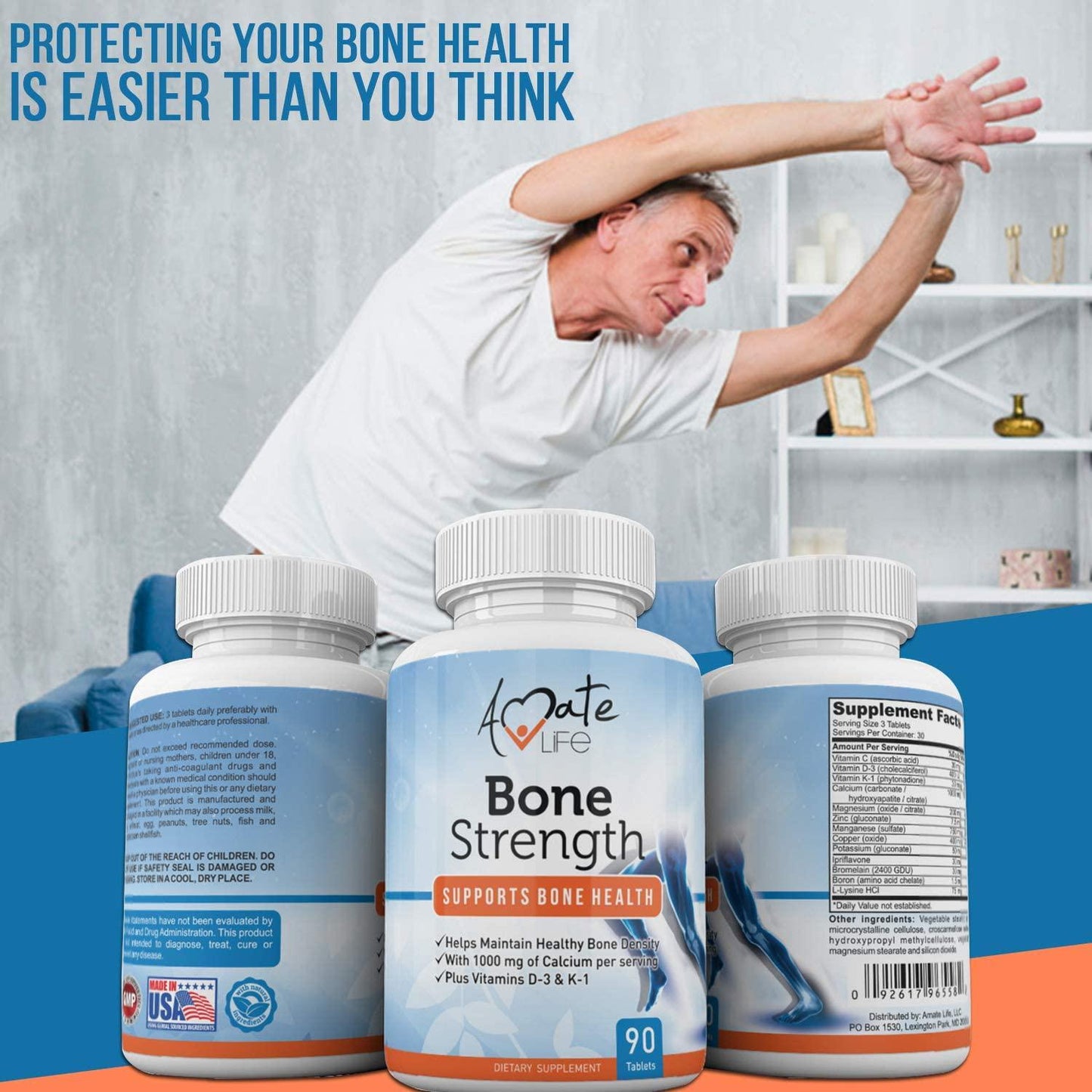 Bone Strength - Calcium Magnesium for Bone Health- Calcium Citrate with Vitamin D3 for Bone Density- Calcium Supplement for Women-High Absorption Calcium 1000mg- 90 Tablets Made USA by Amate Life