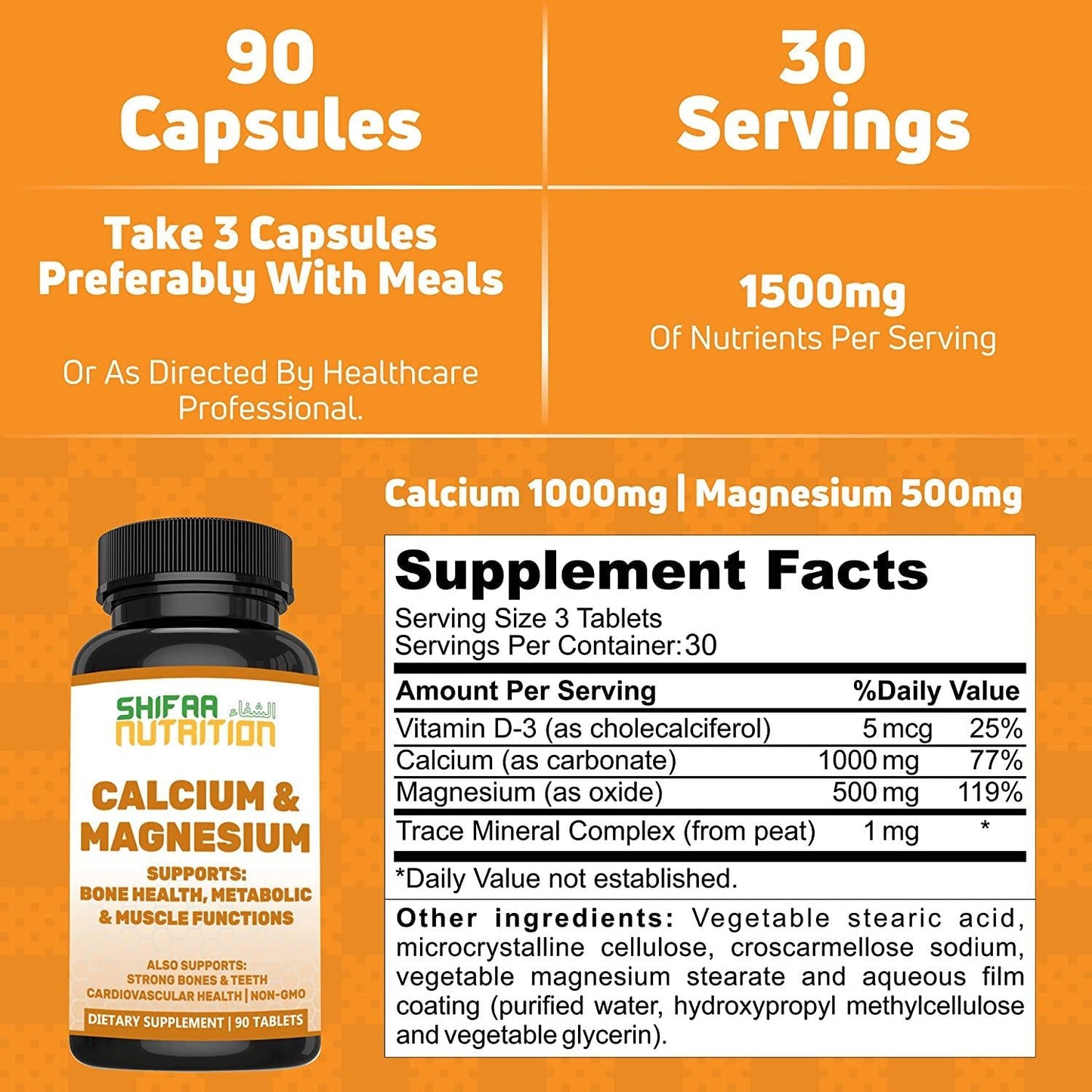 Bone Strength Calcium Magnesium Supplement by SHIFAA NUTRITION | With Vitamin D3, Trace Minerals | Supports Cardiovascular Health and Metabolic Functions | NON-GMO Cal Mag | Halal Vitamins | 30 servings