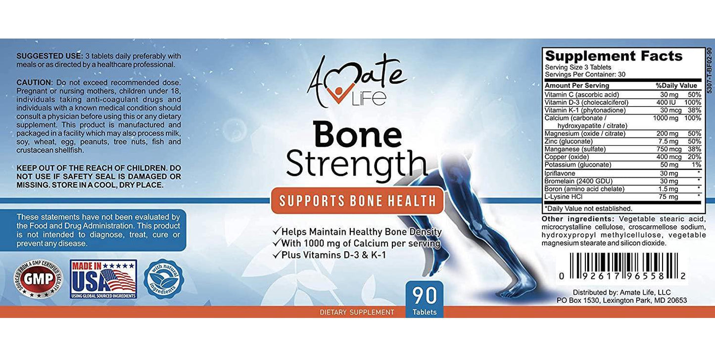 Bone Strength - Calcium Magnesium for Bone Health- Calcium Citrate with Vitamin D3 for Bone Density- Calcium Supplement for Women-High Absorption Calcium 1000mg- 90 Tablets Made USA by Amate Life