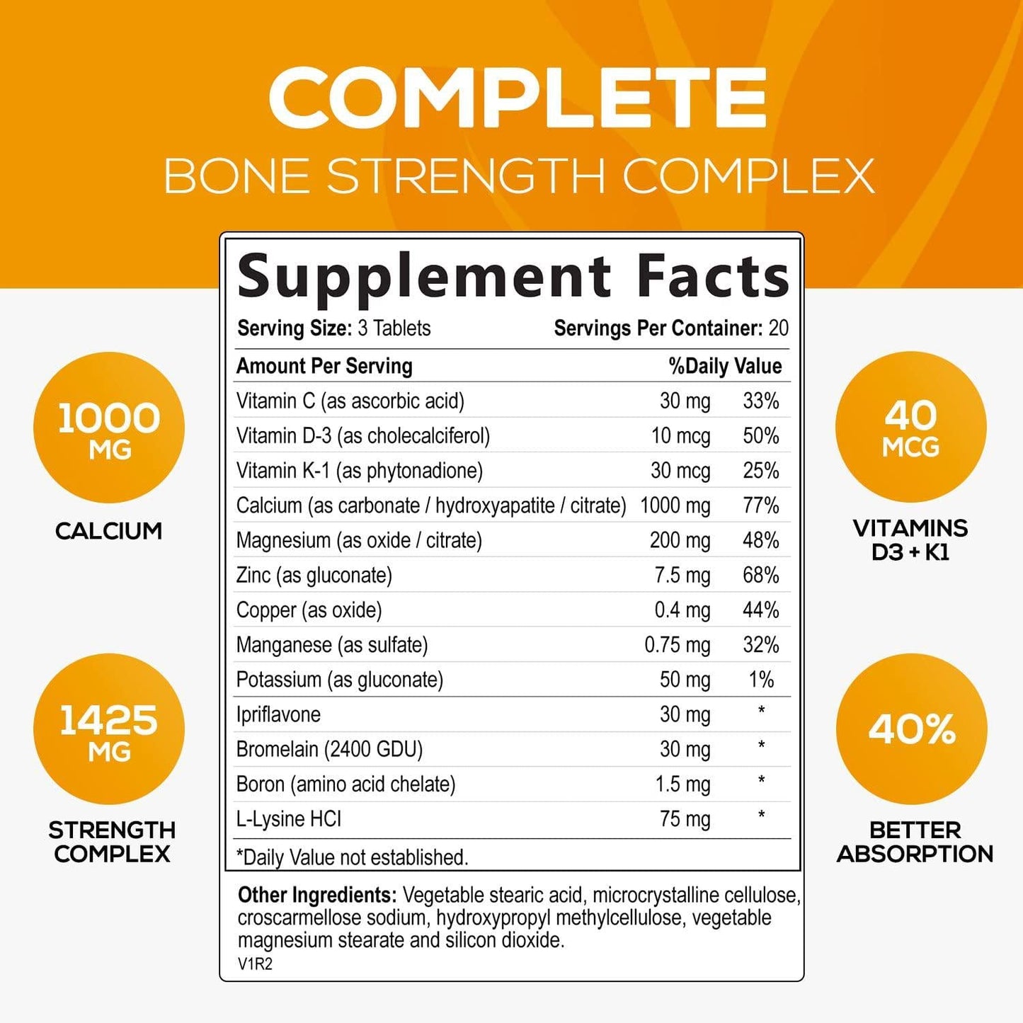 Bone Strength Supplements Calcium Formula - Vitamin K and D3, Magnesium, Potassium - Made in USA - Complete Bone Support Supplement, High Absorption Formula - 60 Tablets