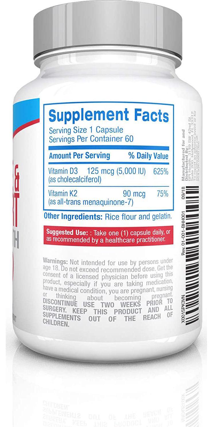 Bone and Heart Health General Wellness Bone Support Joint Support Cardiovascular Support Vitamin D3 Vitamin K2 Keto Friendly Easy-to-Take Capsules