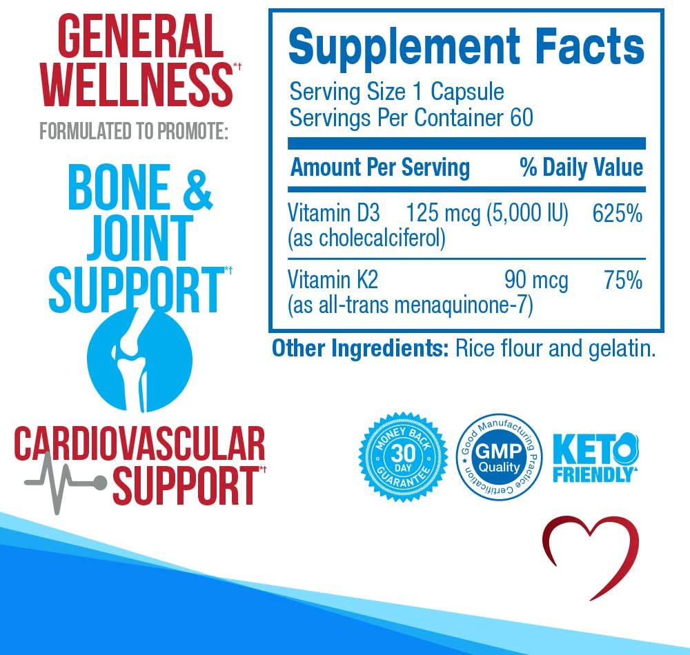 Bone and Heart Health General Wellness Bone Support Joint Support Cardiovascular Support Vitamin D3 Vitamin K2 Keto Friendly Easy-to-Take Capsules