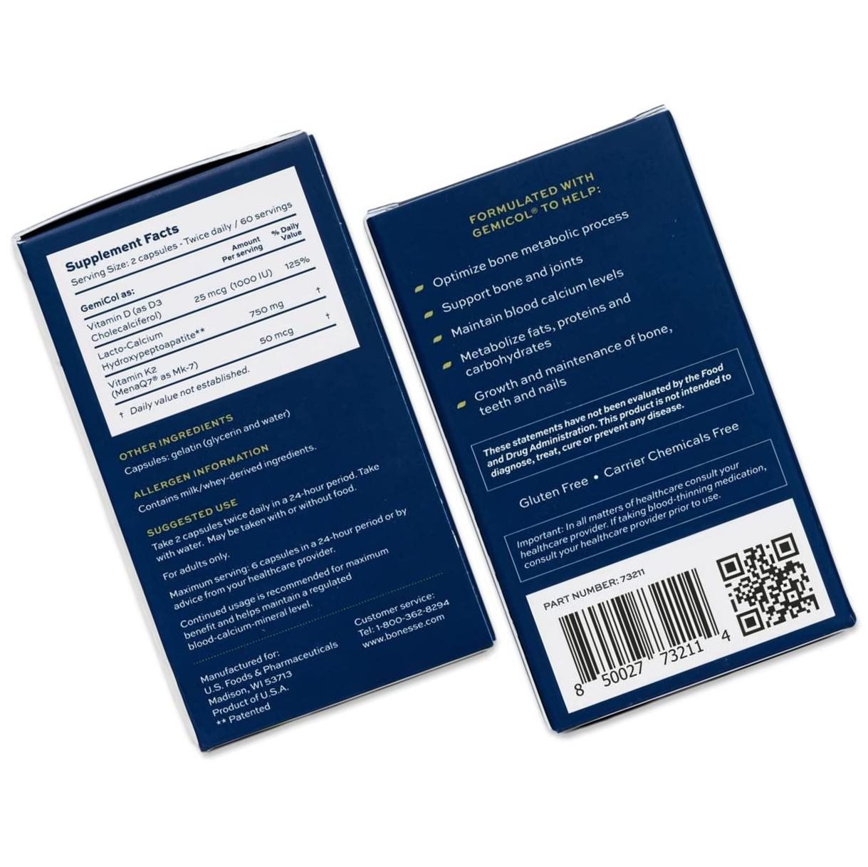 Bonesse, Patented Bone Health Supplement, Increases Density, Joint Support, Vitamins K2 D3 | 30 Day Supply 120 Capsules