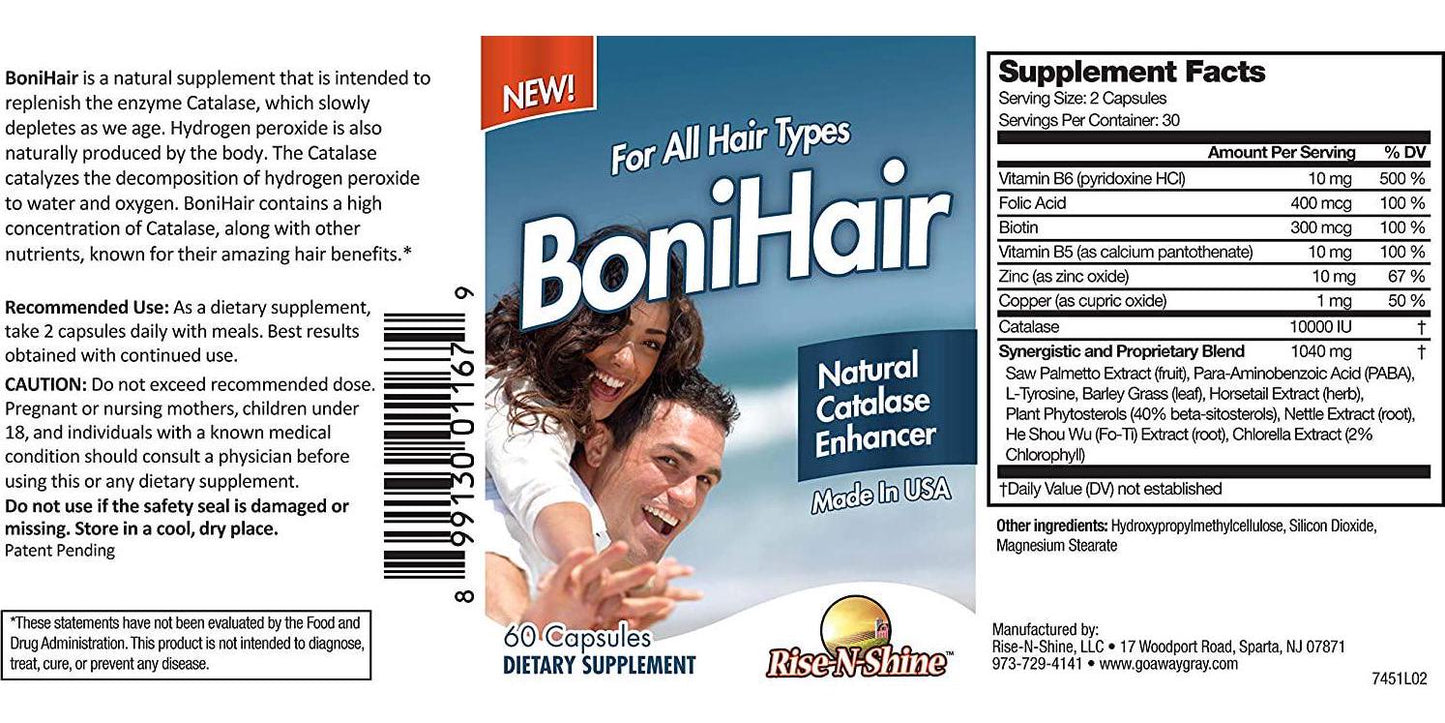 BoniHair 6 Pack- Catalase Supplement - Six Bottles - Discounted 6 Month Supply - Boni Hair Catalase Enzyme Hair Supplement w/ 10,000 IU of Catalase, Saw Palmetto, Fo-Ti, Biotin and More!