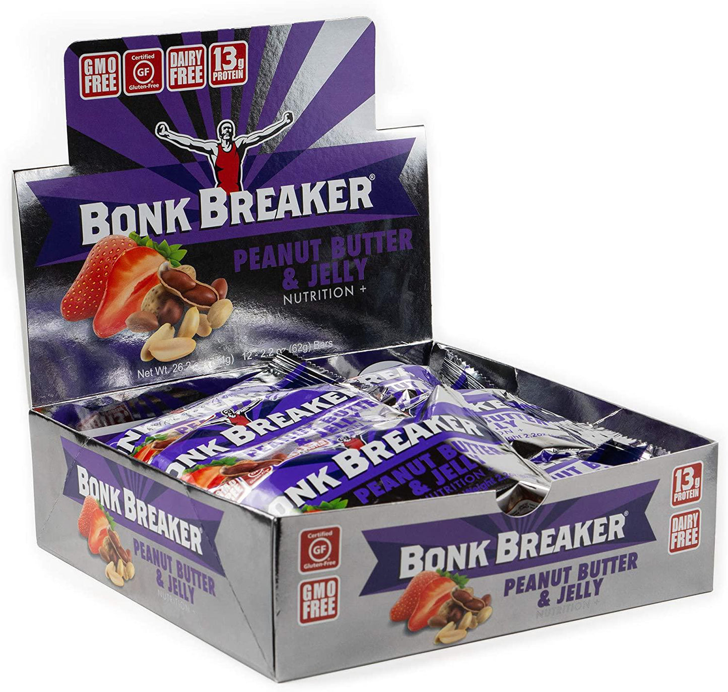 Bonk Breaker Plant-Based Protein Bars, Gluten Free, Dairy Free, Non-GMO Ingredients to Support Performance, 1 Box of 12 Bars, Peanut Butter and Jelly