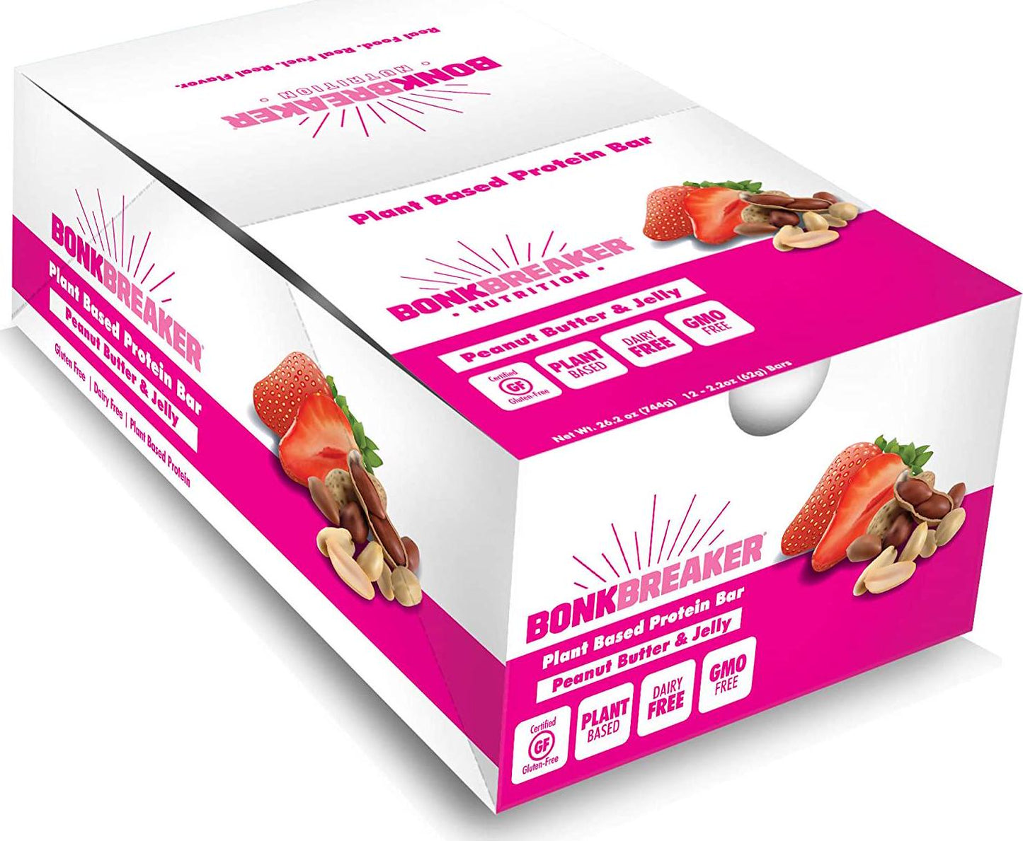 Bonk Breaker Plant-Based Protein Bars, Gluten Free, Dairy Free, Non-GMO Ingredients to Support Performance, 1 Box of 12 Bars, Peanut Butter and Jelly