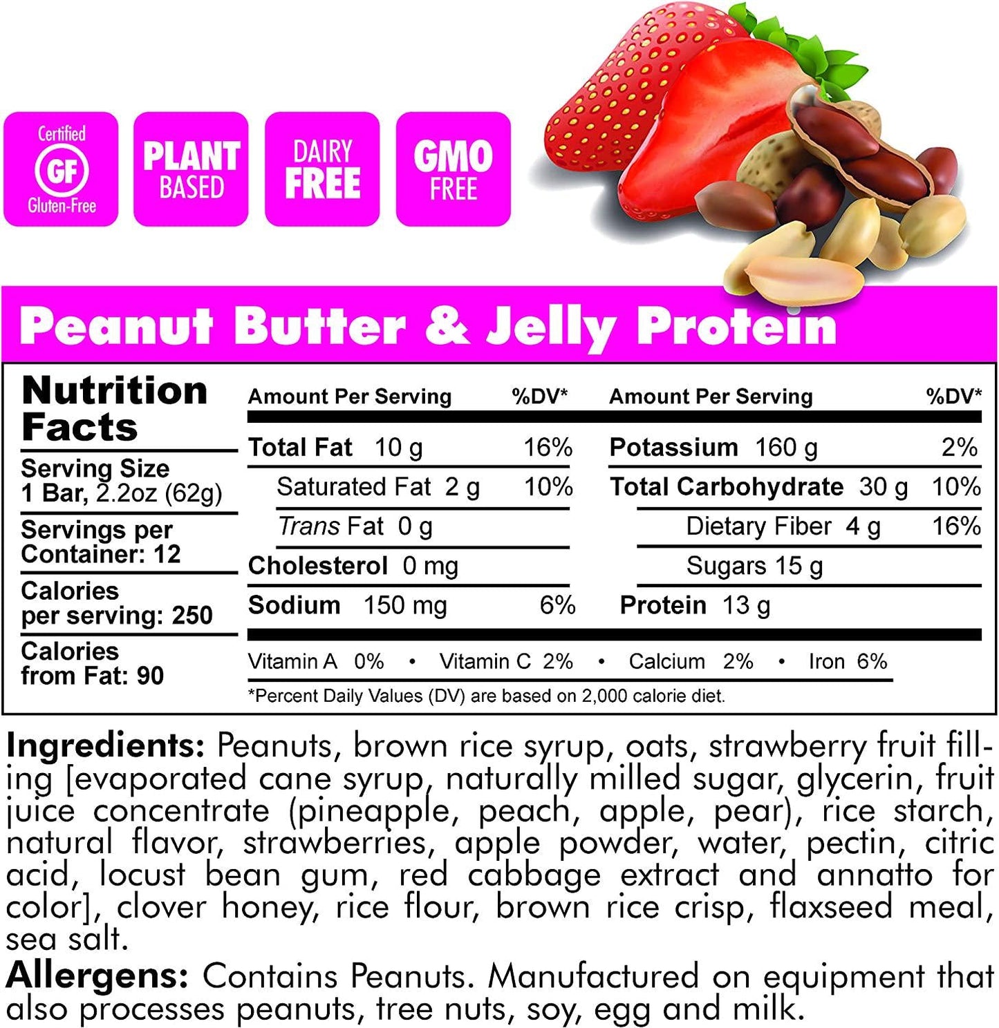 Bonk Breaker Plant-Based Protein Bars, Gluten Free, Dairy Free, Non-GMO Ingredients to Support Performance, 1 Box of 12 Bars, Peanut Butter and Jelly