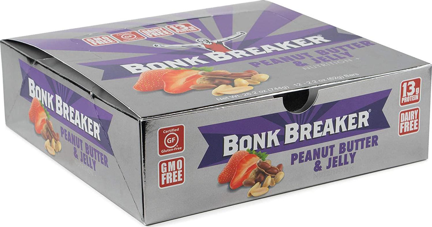 Bonk Breaker Plant-Based Protein Bars, Gluten Free, Dairy Free, Non-GMO Ingredients to Support Performance, 1 Box of 12 Bars, Peanut Butter and Jelly