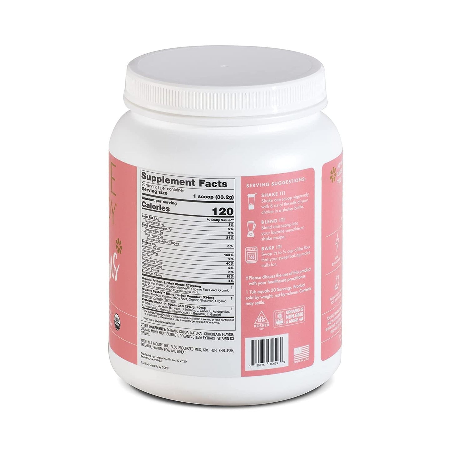 Boobie Body Superfood Protein Shake for Moms, Pregnancy Protein Powder, Lactation Support to Increase Milk Supply, Probiotics, Organic, Diary-Free, Gluten-Free, Vegan - Chocolate Bliss (23.3oz, 1 Tub)