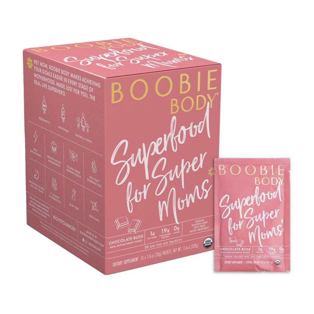Boobie Body Superfood Protein Shake for Moms, Pregnancy Protein Powder, Lactation Support to Increase Milk Supply, Organic, Gluten-Free - Chocolate Bliss (1.16oz Single Serve Packet, Pack of 10)
