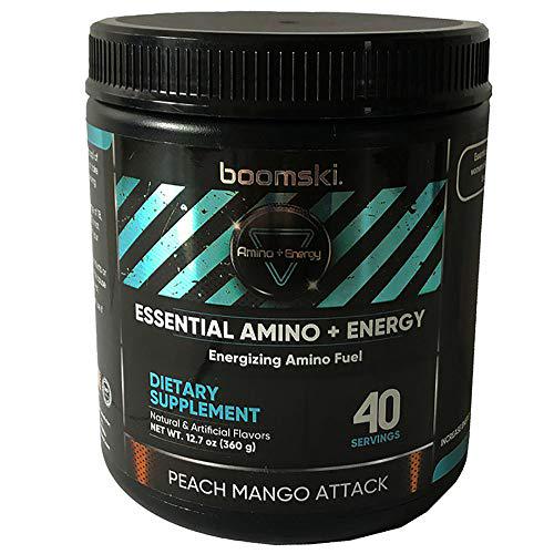 Boomski Essential Amino + Energy, Keto Friendly EAAs, Preworkout and Essential Amino Acids with Caffeine and Green Tea Extract - Peach Mango Powder 40 Servings