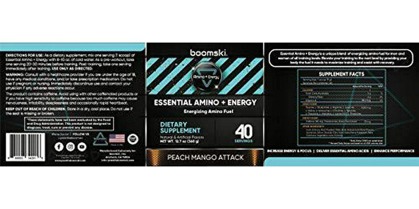 Boomski Essential Amino + Energy, Keto Friendly EAAs, Preworkout and Essential Amino Acids with Caffeine and Green Tea Extract - Peach Mango Powder 40 Servings