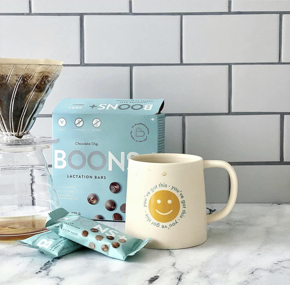 Boons+ Vegan Lactation Bars; Chocolate-Chip (6x45g Bars per Box). Boons+ Bars Support and Enhance Lactation. 6g of Protein per Serving and 4g of Sugar! Vegan, Gluten Free, Soy-Free, Fenugreek-Free.