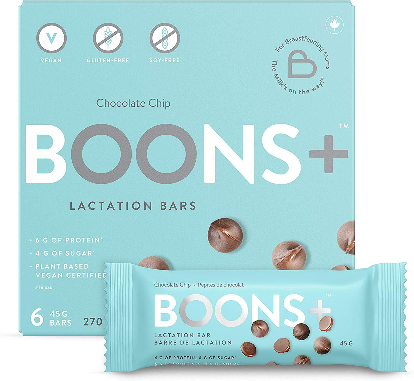 Boons+ Vegan Lactation Bars; Chocolate-Chip (6x45g Bars per Box). Boons+ Bars Support and Enhance Lactation. 6g of Protein per Serving and 4g of Sugar! Vegan, Gluten Free, Soy-Free, Fenugreek-Free.