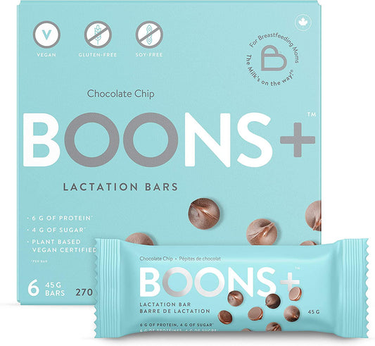 Boons+ Vegan Lactation Bars; Chocolate-Chip (6x45g Bars per Box). Boons+ Bars Support and Enhance Lactation. 6g of Protein per Serving and 4g of Sugar! Vegan, Gluten Free, Soy-Free, Fenugreek-Free.