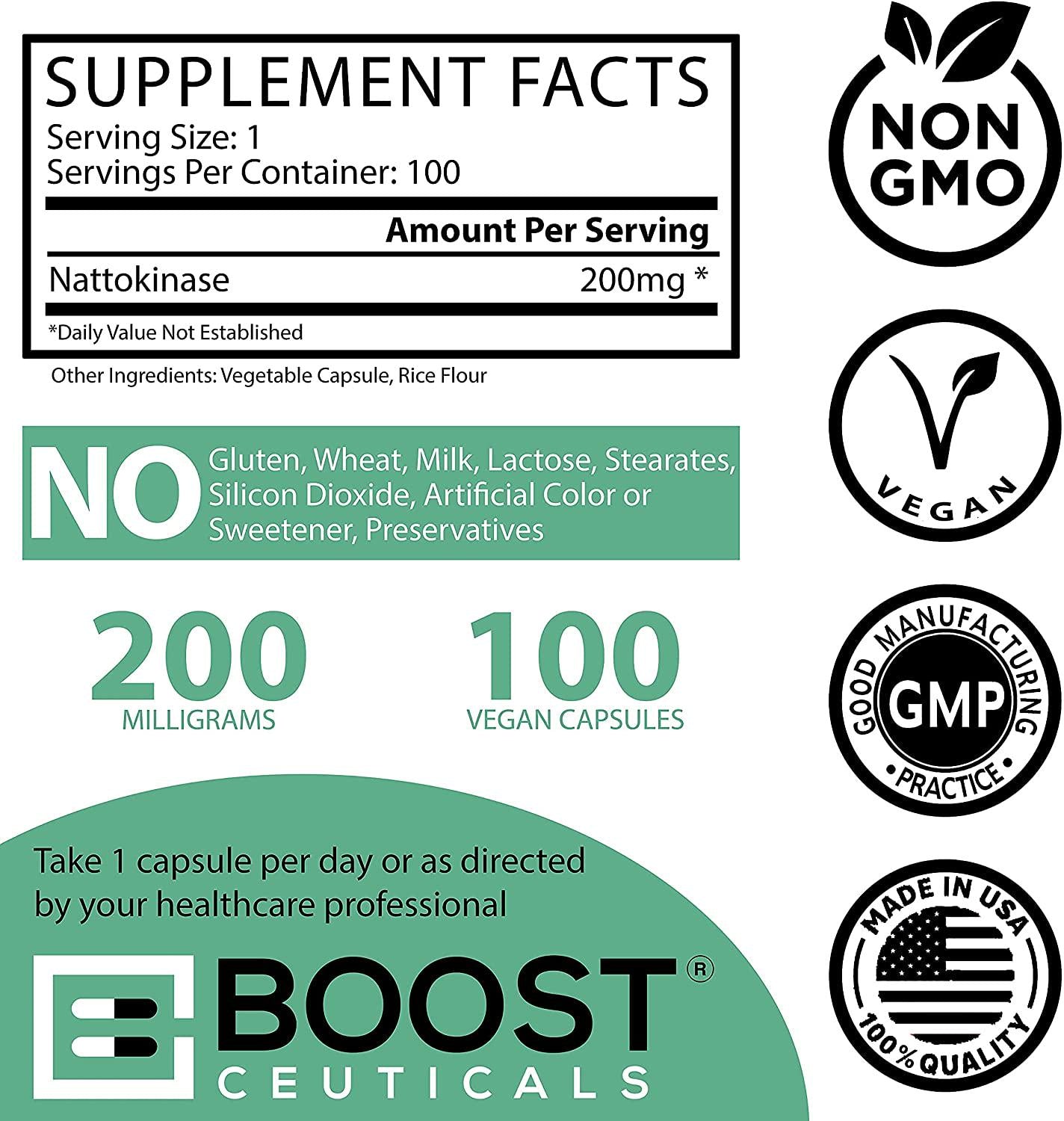 BoostCeuticals Nattokinase 100 200 mg Ideal No Additives 4000FU Supplement – Vegan – Non GMO Gluten Free Pure Natural Blood Thinner - 100 Servings Per Bottle