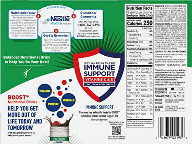 Boost High Protein Complete Nutritional Drink, Chocolate Sensation, 8 fl oz Bottle,12 Count (Pack of 1)