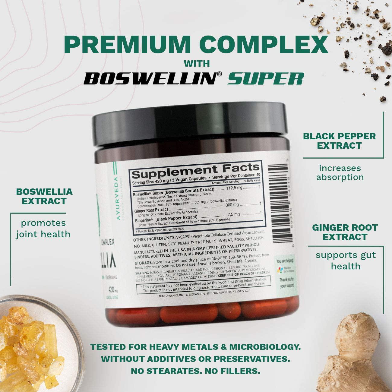 Boswellia Complex with Boswellin Super Ginger Extract and Bioperine - Easy Swallow Vegan Capsules - Superior Absorption - Joint Support Mobility Shiftiness Relief Cartilage Gut Respiratory Health