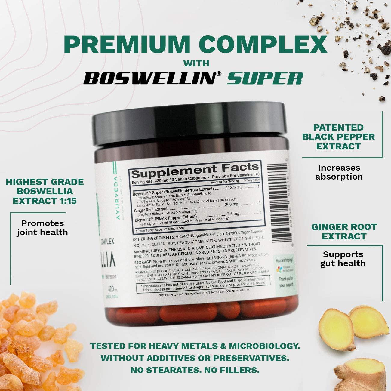 Boswellia Complex with Boswellin Super Ginger Extract and Bioperine - 120 Easy Swallow Vegan Capsules - Superior Absorption - Joint Support Mobility Shiftiness Relief Cartilage Gut Respiratory Health