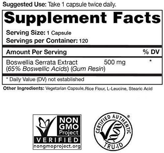 Boswellia Serrata Extract (65% Boswellic Acids) Supplement - 120 Capsules, 2 Month Supply