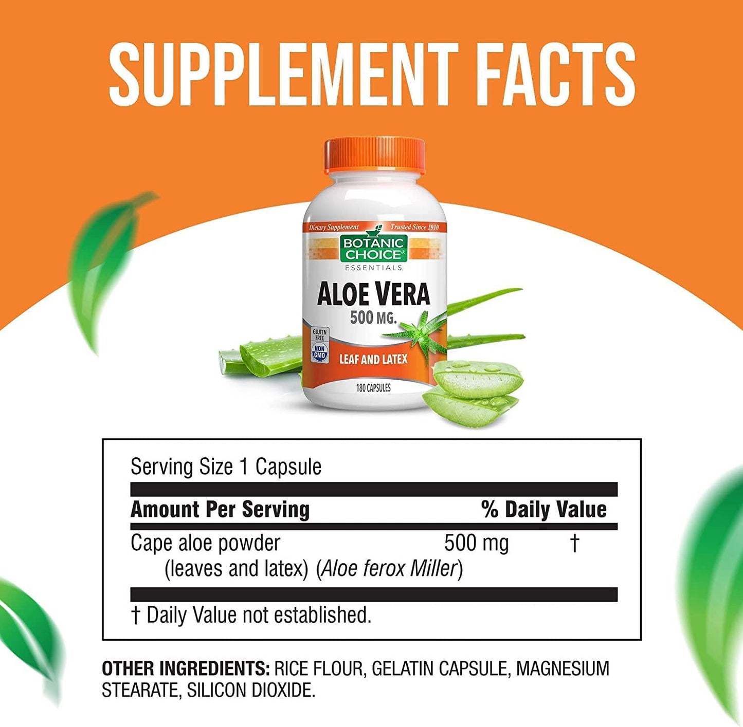 Botanic Choice Aloe Vera Capsules for Digestive Health, Easy to Swallow Aloe Pills, 500mg, 180 Capsules