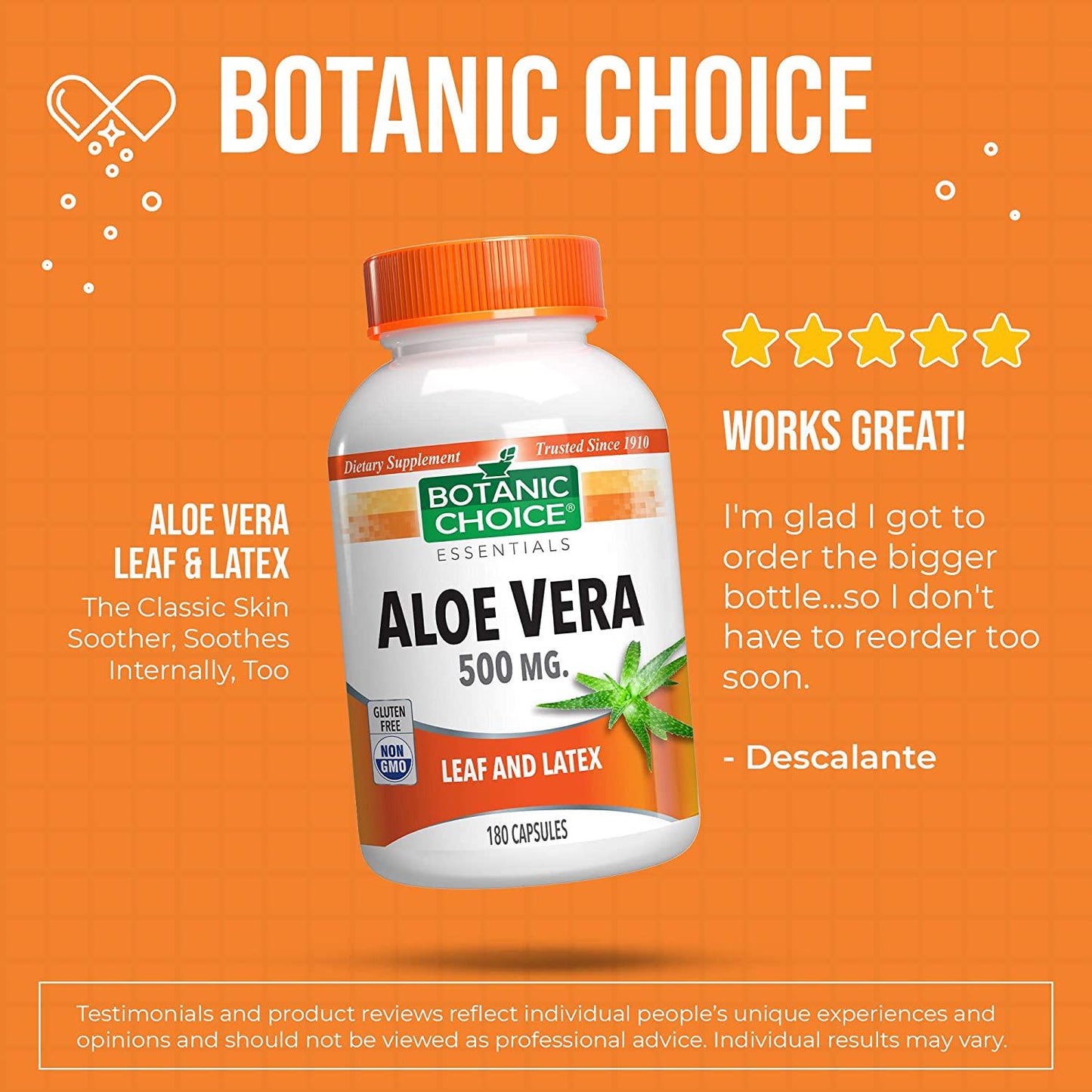 Botanic Choice Aloe Vera Capsules for Digestive Health, Easy to Swallow Aloe Pills, 500mg, 180 Capsules