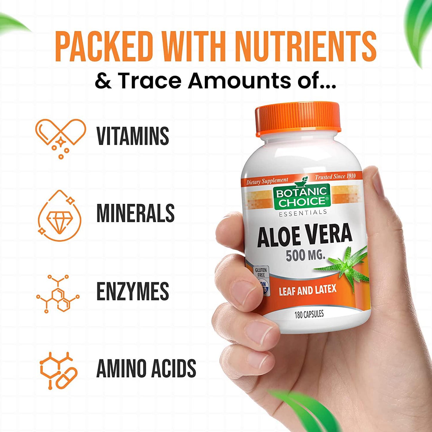 Botanic Choice Aloe Vera Capsules for Digestive Health, Easy to Swallow Aloe Pills, 500mg, 180 Capsules