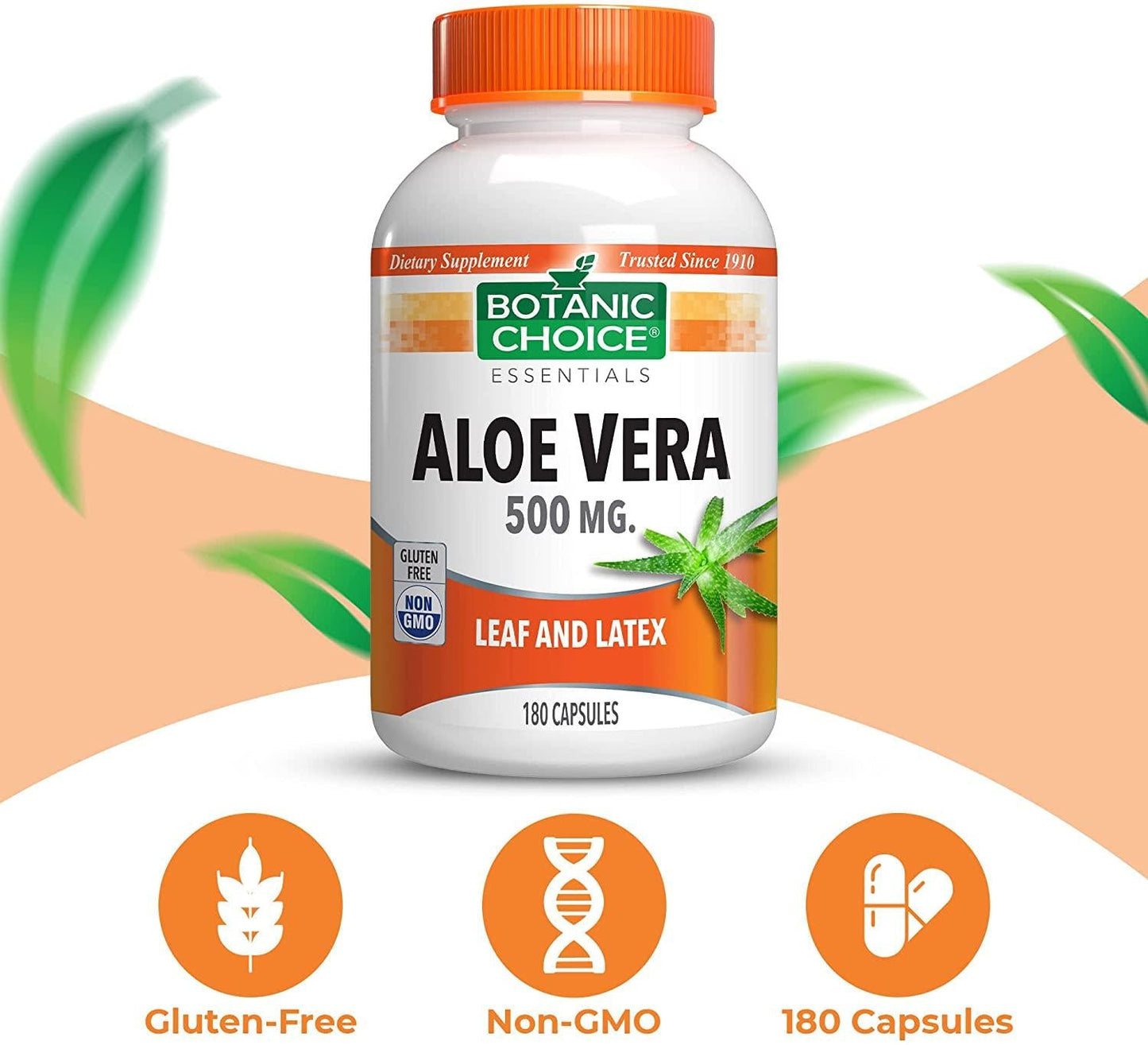 Botanic Choice Aloe Vera Capsules for Digestive Health, Easy to Swallow Aloe Pills, 500mg, 180 Capsules