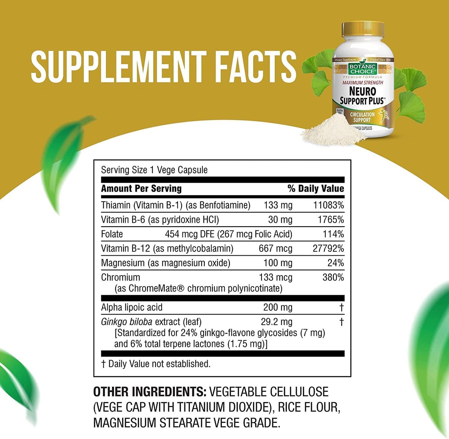 Botanic Choice Maximum Strength Neuro Support Plus - Adult Daily Supplement - Delivers Essential Vitamins to Support Nerves Healthy Circulation and Blood Sugar Levels 90 Capsules