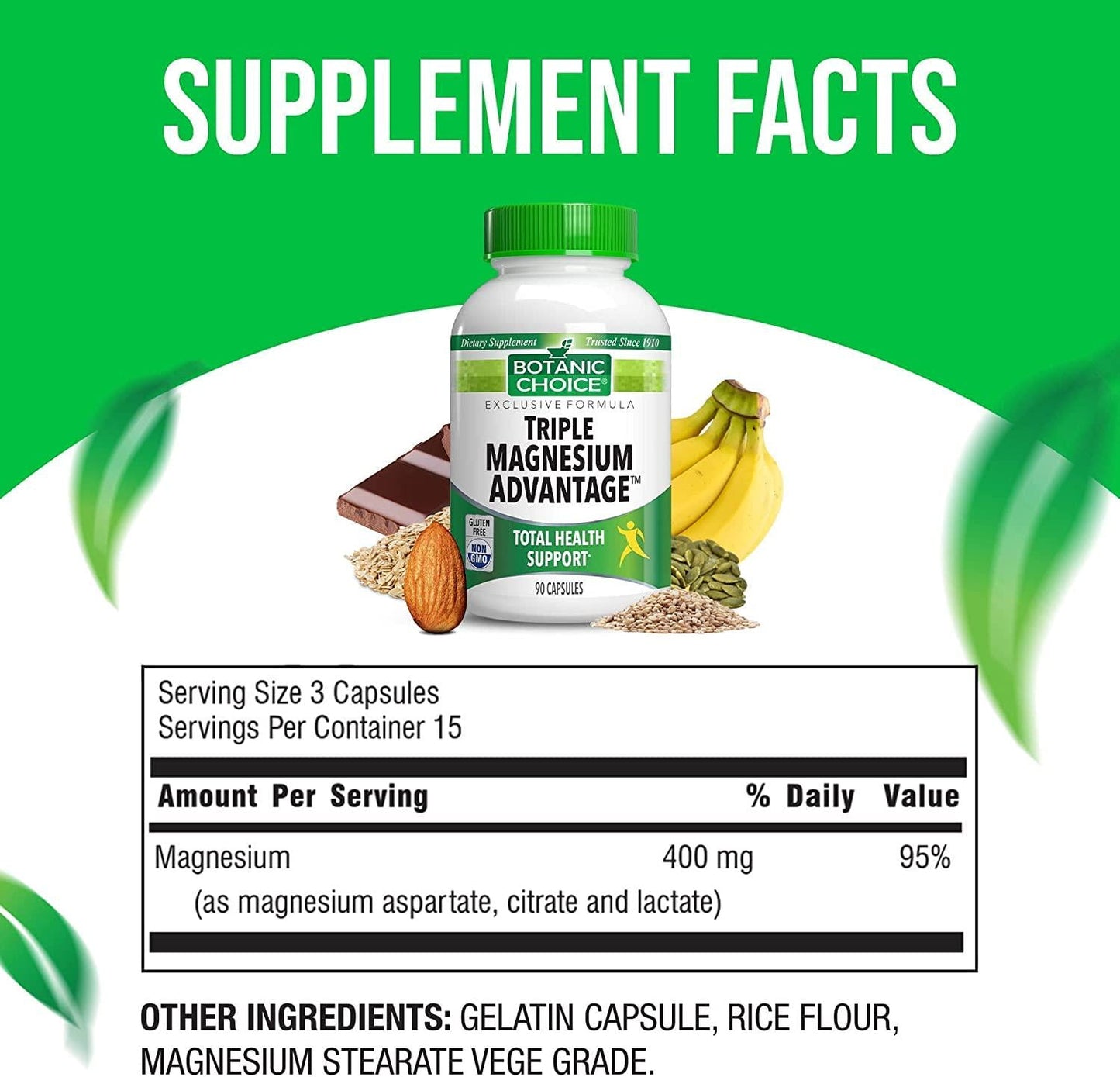 Botanic Choice Triple Magnesium Advantage, Magnesium Triple Complex for Nerve and Heart Health, Easy to Swallow Magnesium Blend Capsules for Digestive and Muscular Health