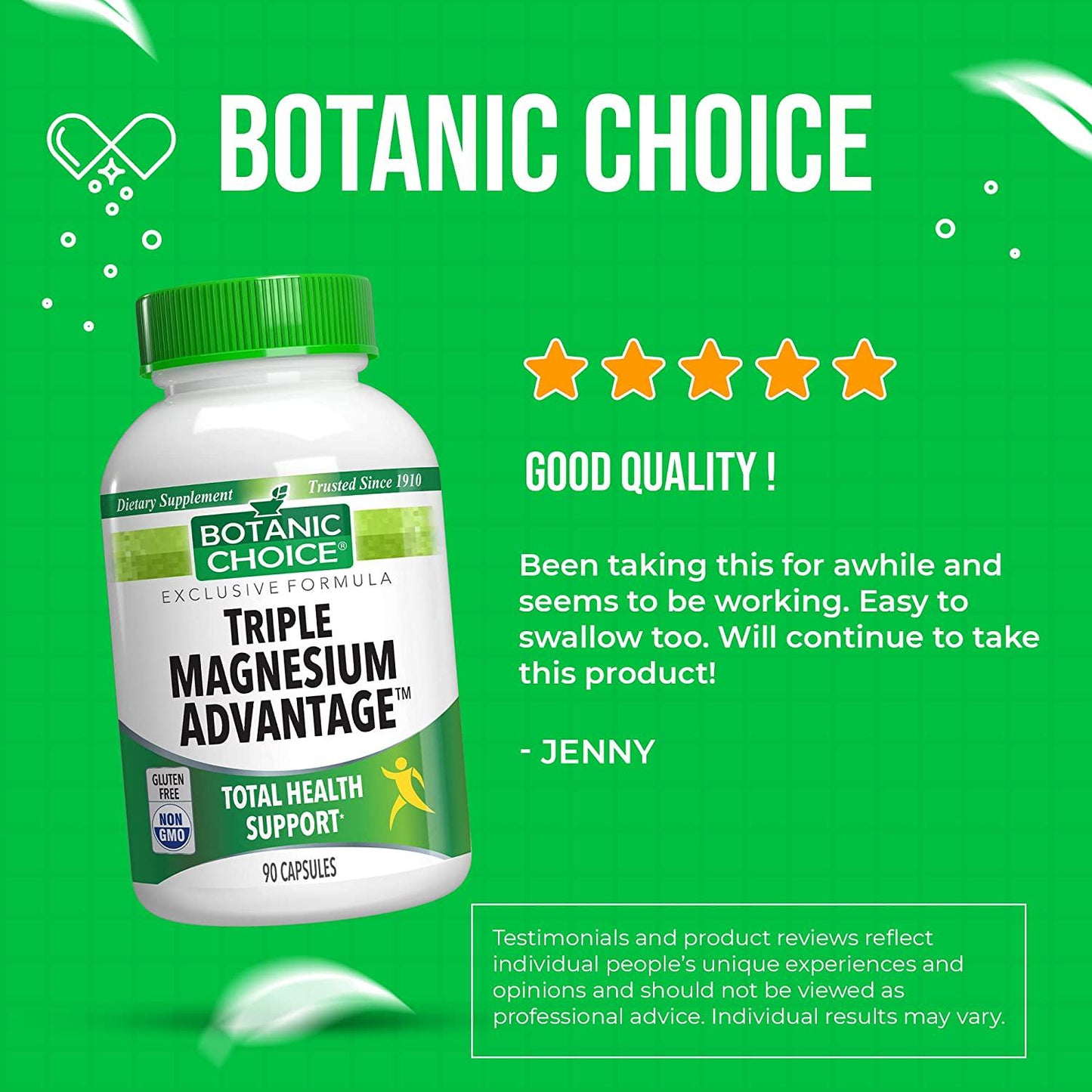 Botanic Choice Triple Magnesium Advantage, Magnesium Triple Complex for Nerve and Heart Health, Easy to Swallow Magnesium Blend Capsules for Digestive and Muscular Health