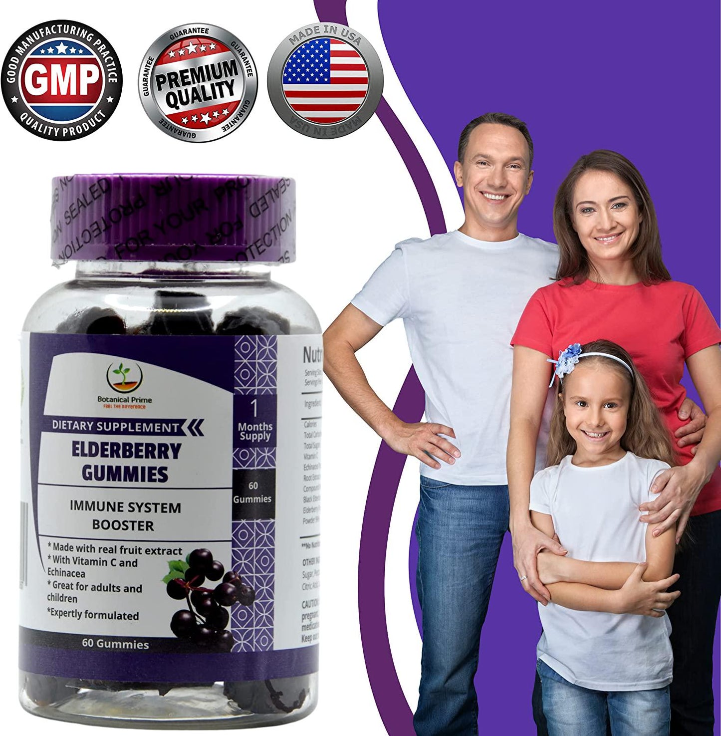 Botanical Prime Expertly Formulated Elderberry Gummies for Immune System Support with 840 MG of Black Elderberry Extract with Echinacea and Vitamin C. 60 Counts, 1 Month Supply.