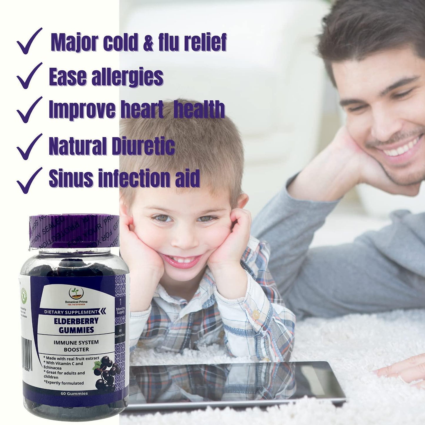 Botanical Prime Expertly Formulated Elderberry Gummies for Immune System Support with 840 MG of Black Elderberry Extract with Echinacea and Vitamin C. 60 Counts, 1 Month Supply.