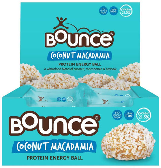 Bounce Coconut Macadamia Protein Ball- box of 12. High protein, gluten free, low sugar healthy snacks, better than any protein bar! Snack healthy with Bounce protein bars, balls, snacks and powders.