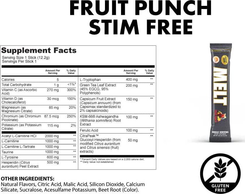 Bowmar Nutrition Melt, Melt Powder, 20 Servings, Improves Metabolic Health, Increases Fat Mobilization, Improves Body s Ability to Oxidize Fat (Fruit Punch | Tub | STIM Free)