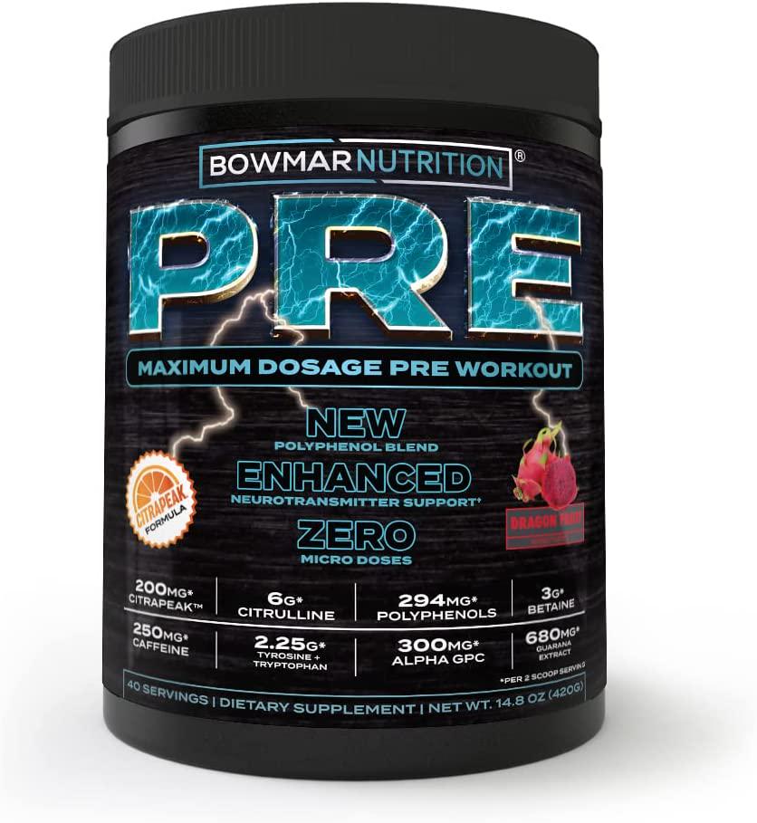 Bowmar Nutrition Pre Workout, Pre Workout Powder, Stim and Non Stim Preworkout Options, Pump Supplement Great for Men and Women, 40/20 Servings (Dragon Fruit, Stim)