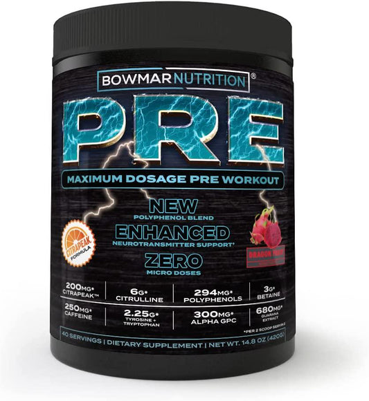 Bowmar Nutrition Pre Workout, Pre Workout Powder, Stim and Non Stim Preworkout Options, Pump Supplement Great for Men and Women, 40/20 Servings (Dragon Fruit, Stim)