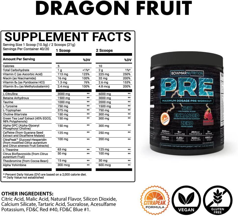 Bowmar Nutrition Pre Workout, Pre Workout Powder, Stim and Non Stim Preworkout Options, Pump Supplement Great for Men and Women, 40/20 Servings (Dragon Fruit, Stim)