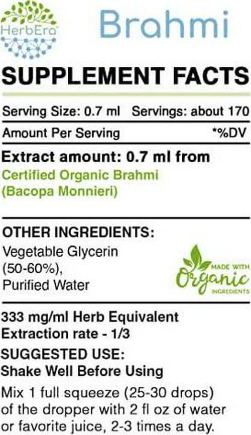 Brahmi B120 Alcohol-Free Herbal Extract Tincture, Organic Brahmi (Bacopa Monnieri) Dried Herb (4 fl oz)