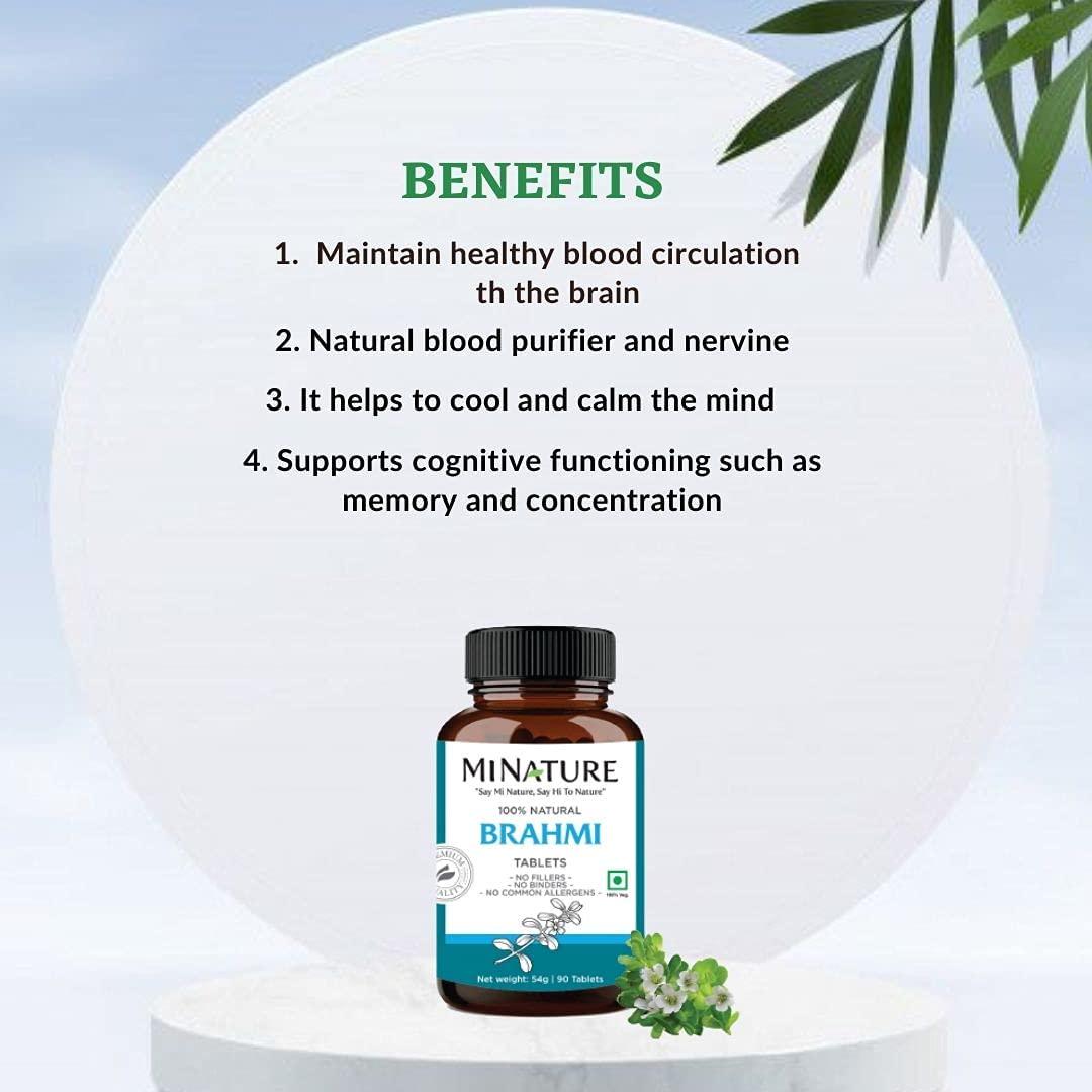 Brahmi Tablets - 90 tablets, 1000 mg |45 Days supply | by mi nature | 100% Natural Brahmi Tablets | Vegan | Bacopa Monnieri | Herbal Supplements | From India