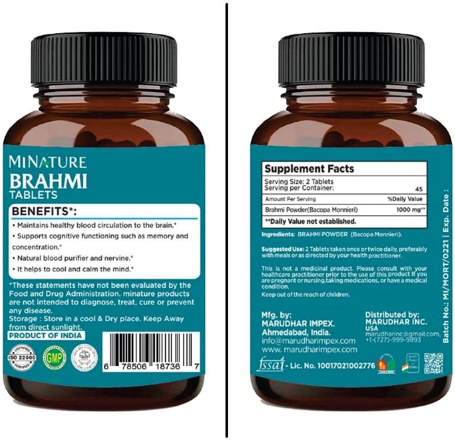 Brahmi Tablets - 90 tablets, 1000 mg |45 Days supply | by mi nature | 100% Natural Brahmi Tablets | Vegan | Bacopa Monnieri | Herbal Supplements | From India