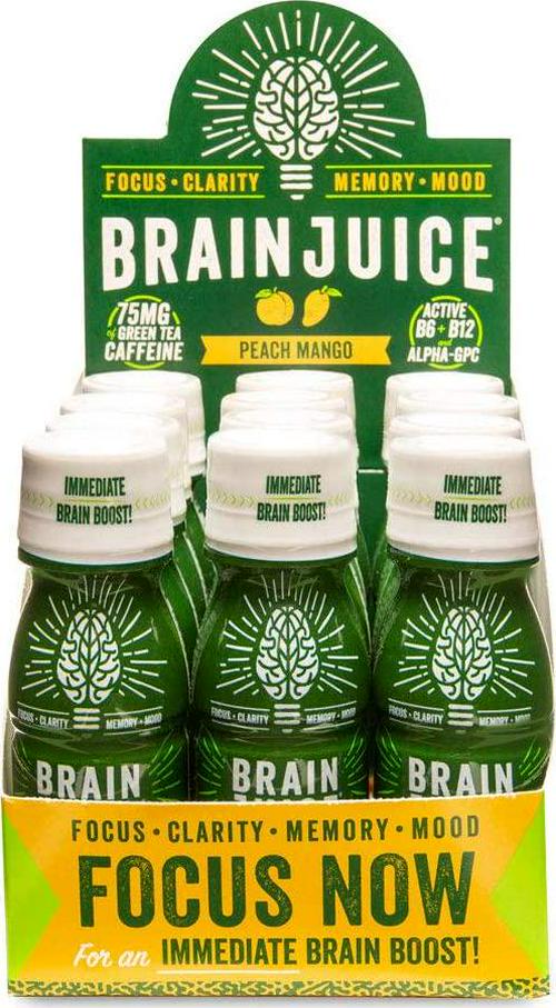 BrainJuice Brain Booster Shot, Original Peach Mango | Liquid Drink Supplement for Improved Energy, Memory, Focus, Clarity and Mood, Gluten-Free, Non-GMO | 2.5 fl oz, 12 Count