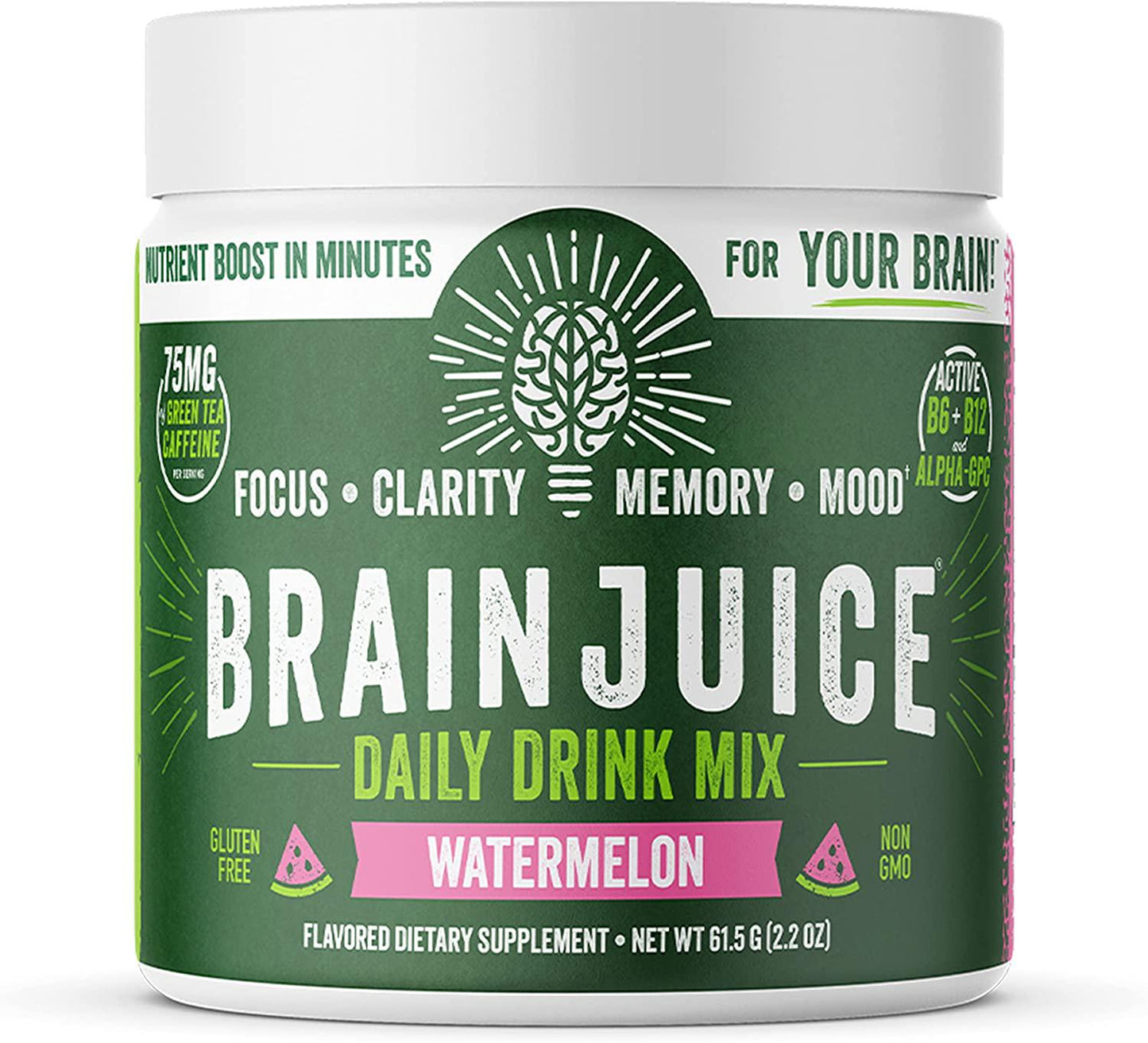 BrainJuice Daily BrainPower Mix | Watermelon - Premium Nootropic Supplement | Naturally Supports Improved Energy, Focus, Memory, and Mood | Alpha GPC, Organic Green Tea Extract, L-Theanine