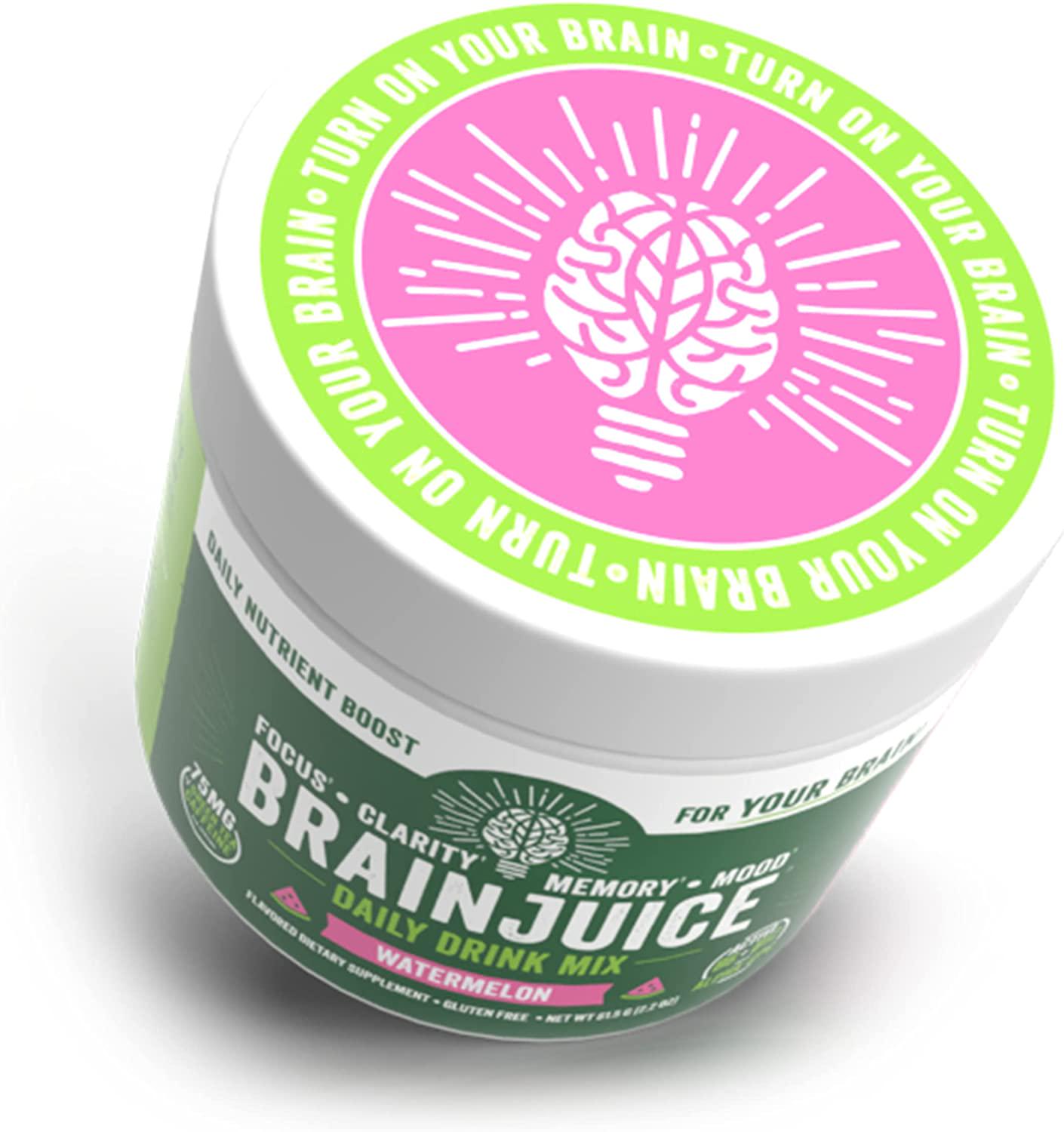 BrainJuice Daily BrainPower Mix | Watermelon - Premium Nootropic Supplement | Naturally Supports Improved Energy, Focus, Memory, and Mood | Alpha GPC, Organic Green Tea Extract, L-Theanine