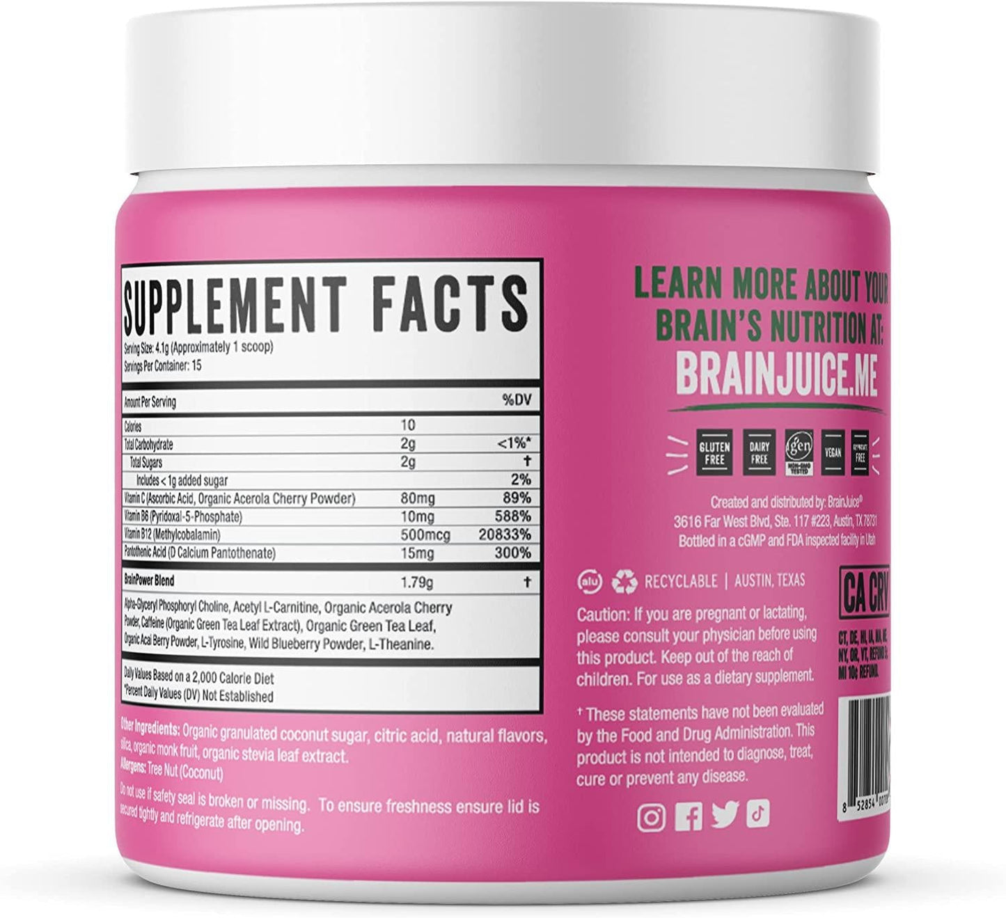 BrainJuice Daily BrainPower Mix | Watermelon - Premium Nootropic Supplement | Naturally Supports Improved Energy, Focus, Memory, and Mood | Alpha GPC, Organic Green Tea Extract, L-Theanine