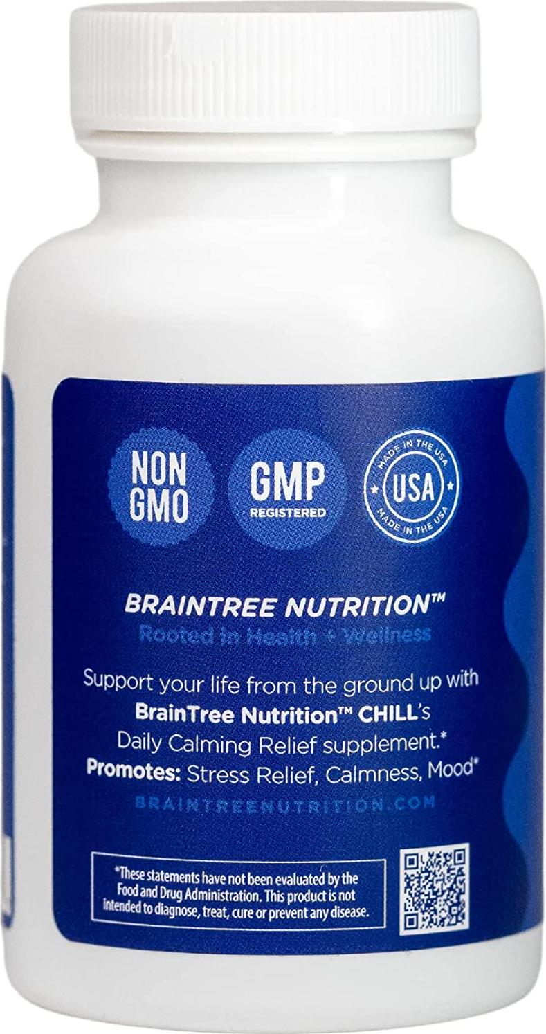 BrainTree Nutrition CHILL | Daily Calming Relief* for A Healthy Brain* | Promotes Stress Relief, Calmness, Mood* | Capsules: 60 (1 Bottle)