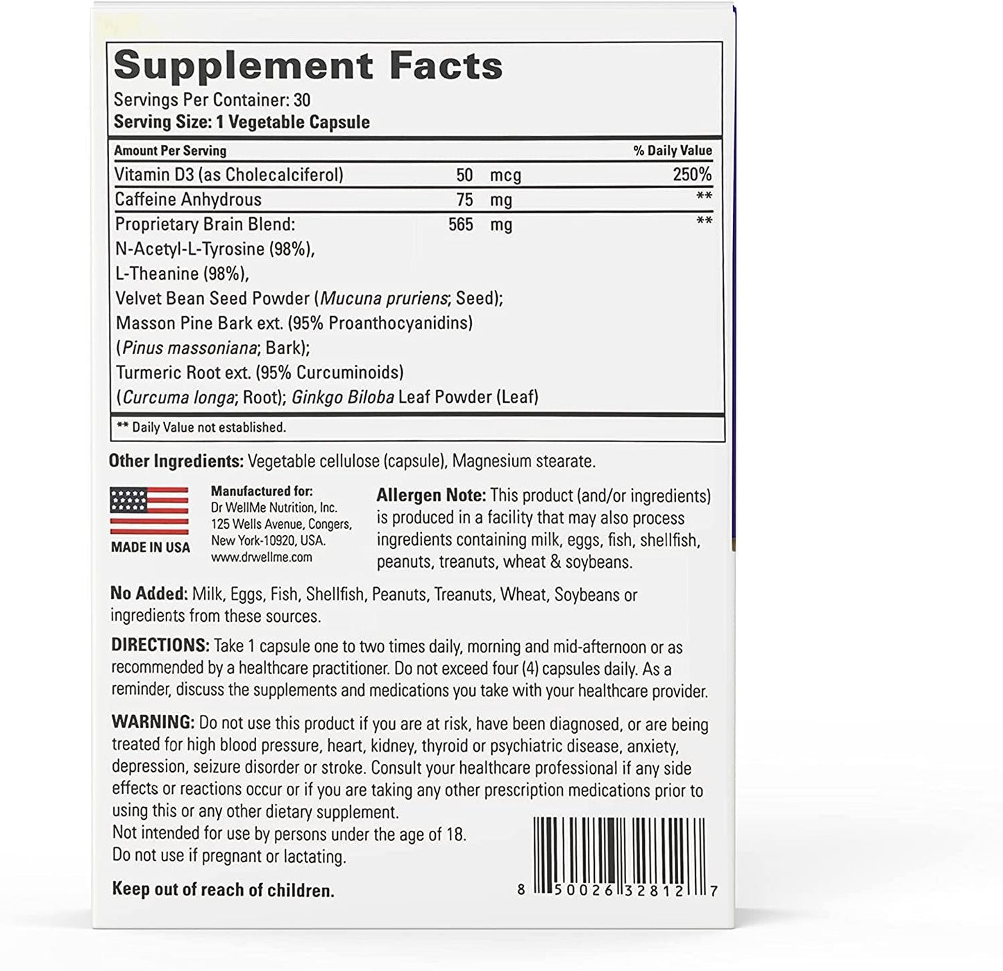 BrainWell Premium Nootropic Brain Support Supplement with Vitamin D3, L-Theanine, N-Acetyl-L-Tyrosine - Improves Cognitive Function and Memory and Enhances Focus for Men and Woman - (30 Vegan Capsules)